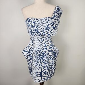 EUC BCBGeneration Blue & White Animal Print One-Shoulder Mini Dress Size 2 #0418